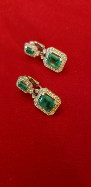 Vintage Ciner Flawed Emerald Drop Earrings Minty