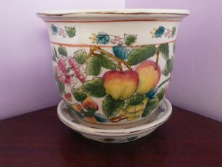 Fab Vintage Chinese Pottery Fruit & Flowers Design Plant Pot & Saucer 17 Cms Dia