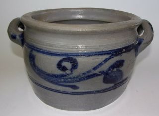Small Cobalt Blue Decorated Salt Glazed Stoneware Crock With Handles