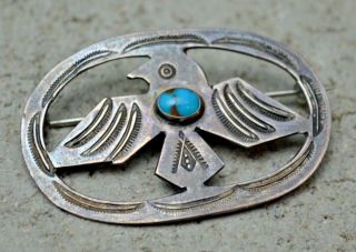 Rare Vtg Old Pawn Navajo Fred Harvey Era Silver Turquoise Thunderbird Pin 1930s