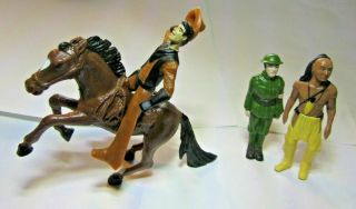 4 Vtg Plastic Toys Figure Cowboy Horse Indian & Wwi Medic Marked Col & Par Picts