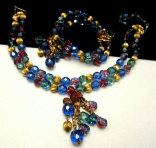 Rare Vintage Signed Kramer Ny Goldtone Purple Blue Glass Necklace Bracelet Set