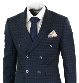 Mens Double Breasted Navy Blue Check Classic Gatsby Vintage Tailored Fit Suit