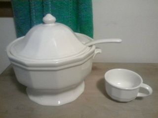 Vintage White Soup Tureen W/ Ladle And Soup Mug