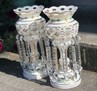 Antique Pair 13” Elegant Mantle Luster Lamps Crystal Prisms White Floral Gold