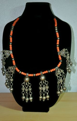 Vintage Orange Glass Beaded Tribal Necklace From India With Hanging Beads