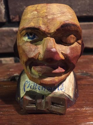 Antique Black Forest Carved Face Match Holder Wooden Art Mittenwald,  Germany