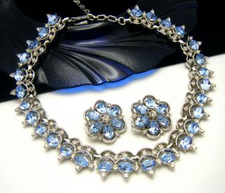 Stunning Vintage Crown Trifari Necklace Earring Set Light Blue Clear Rhinestones