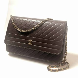 Authentic Chanel Vintage Dark Brown Lambskin Chain Snap Flap Bag Clutch