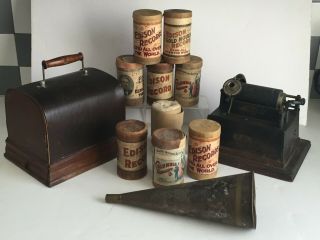 Antique Thomas Edison Gem Phonograph Player W 9 Cylinders  No Crank