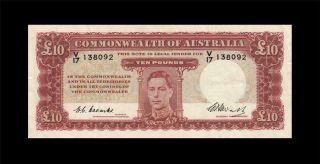 1949 Australia Kgvi 10 Pounds " Cba " Note Coombs & Watt X - Rare ( (ef))
