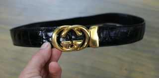 Vintage Gucci Gg Black Leather Belt Size 34 Authentic Italy Unisex Gator Style