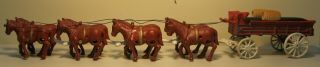 Vintage Cast Iron Wagon With Eight Horses; Two Wooden Barrels; 30 Inches Long