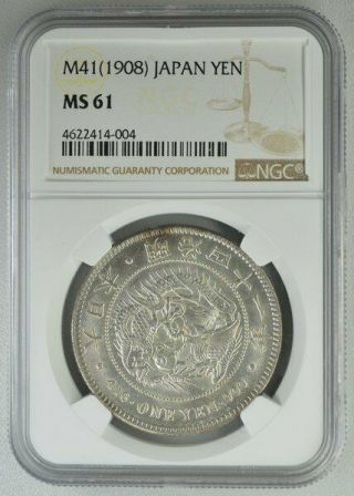 Dragon Japan 1 Yen 1908 Rare Date Ngc Ms61 Silver
