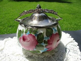 Antique Cracker Cookie Biscuit Jar Milk Glass Hp Cranberry Roses Silver Plate