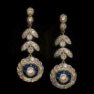 Art Deco 2.  85ct Round & Sapphire Diamond Drop/dangle Earring 14k White Gold Over