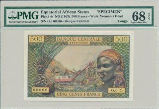 Congo Equatorial African States 500 Francs Nd (1963) Specimen.  Rare Pmg 68epq