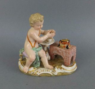 Antique Meissen Dresden Figurine Of A Cherub Making Hot Chocolate Circa 19c