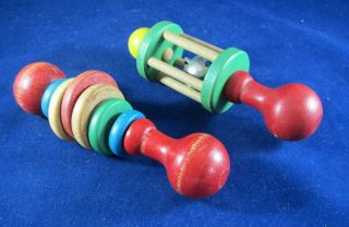Two Vintage Wooden Baby Toys - Two Colorful Rattles - Wooden Rings - Metal Bell