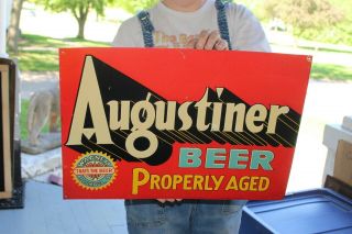 Vintage C.  1940 Augustiner Beer Bar Tavern Gas Oil 20 " Embossed Metal Sign