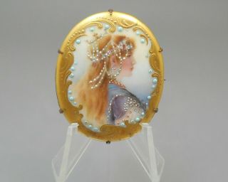 Antique Victorian Brooch Hand Painted Gilded Porcelain Pin Miniature Portrait