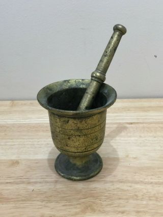Heavy Antique Solid Bronze Mortar And Pestle Patina