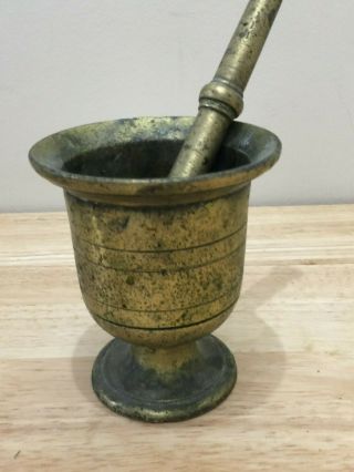 Heavy Antique Solid Bronze Mortar and Pestle Patina 2