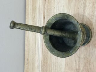 Heavy Antique Solid Bronze Mortar and Pestle Patina 4