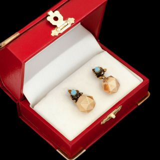 Antique Vintage Art Nouveau 18k Rose Gold Persian Turquoise Geometric Earrings