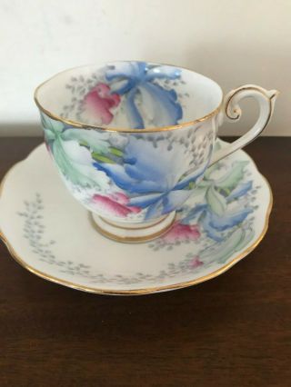 Bell China Tea Cup And Saucer Orchids In Blue And Pink On White Background