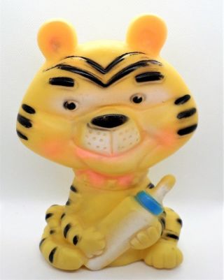 Vintage Alan Jay Plastic Squeaky Baby Toy Tiger With Bottle 7 " Cute Squeaks