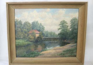Vtg Oil Landscape Painting.  Mill,  Dam,  River And Forest.  Rich De Bruycker
