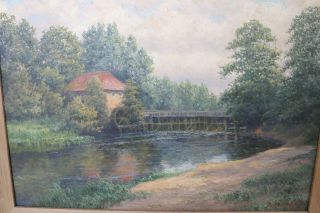 Vtg Oil Landscape Painting.  Mill,  Dam,  River and Forest.  Rich de Bruycker 2