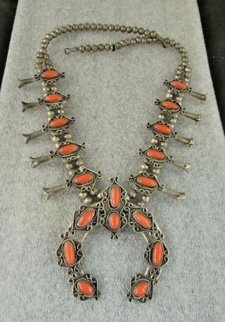 Vintage Navajo Large & Heavy Sterling Silver And Blood Red Coral Squash Blossom