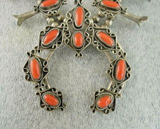 Vintage Navajo Large & Heavy Sterling Silver and Blood Red Coral Squash Blossom 2