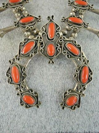 Vintage Navajo Large & Heavy Sterling Silver and Blood Red Coral Squash Blossom 7
