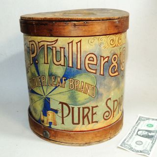 Rare Spice Bucket Antique Vtg A.  P Tuller Rome Ny Paper Label Clover Wood Not Tin