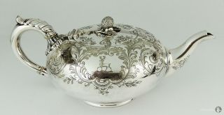 Elkington & Co Victorian Silver Plate Squat Teapot 1850 Floral Theme