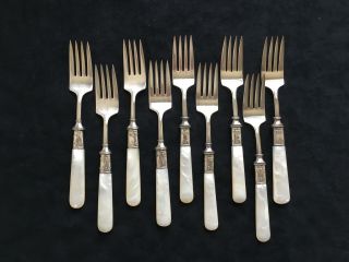Set Of 9 - Antique Mother Of Pearl Handled Luncheon Forks Sterling Ferrules