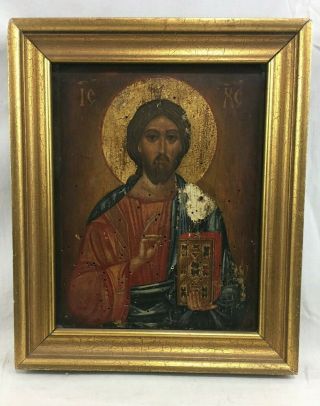 Great Orig.  Hand Painted Antique Greek / Russian Christ Icon 9 " X7 " Tempera