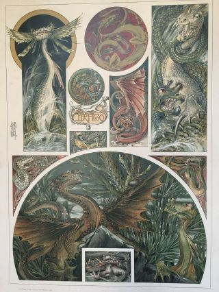 C.  1890 Large Antique Print Dragons Anton Seder Art Noveau Graphic Design Master