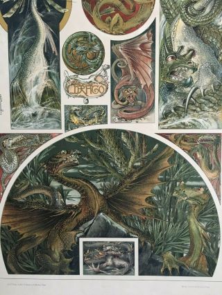 c.  1890 Large Antique Print Dragons Anton Seder Art Noveau Graphic Design master 2