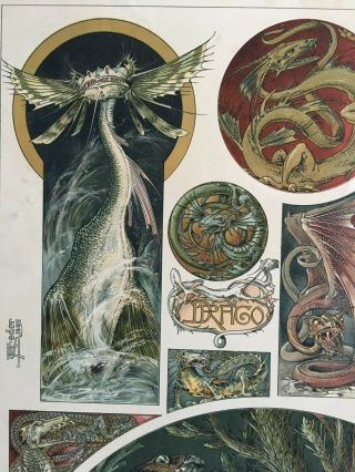 c.  1890 Large Antique Print Dragons Anton Seder Art Noveau Graphic Design master 3