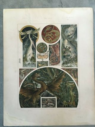 c.  1890 Large Antique Print Dragons Anton Seder Art Noveau Graphic Design master 4