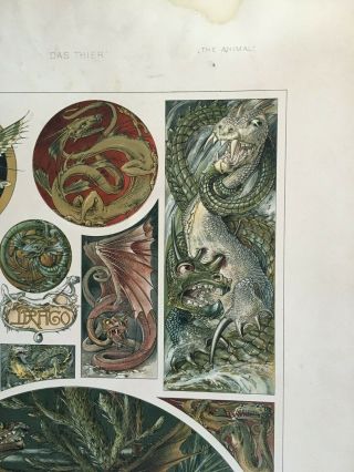 c.  1890 Large Antique Print Dragons Anton Seder Art Noveau Graphic Design master 5