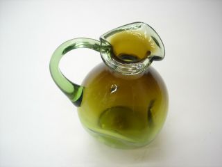 Old Vintage Art Glass Green Hand Blowing Pinched Jug Vase A1