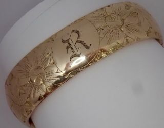 Antique Victorian Edwardian Engraved Gold Filled Monogram R Flower Bracelet
