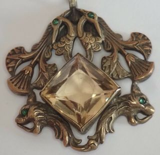Antique Victorian Gilt Bronze Emerald Citrine Paste Lion Bird Lotus Necklace