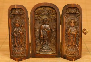 Antiques Chinese Old Boxwood Hand Carved Guanyin Buddha Statue Netsuke Decorate