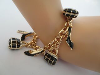 Impossible To Find Signed Oscar De La Renta 7 Charm Runway Bracelet Black Enamel